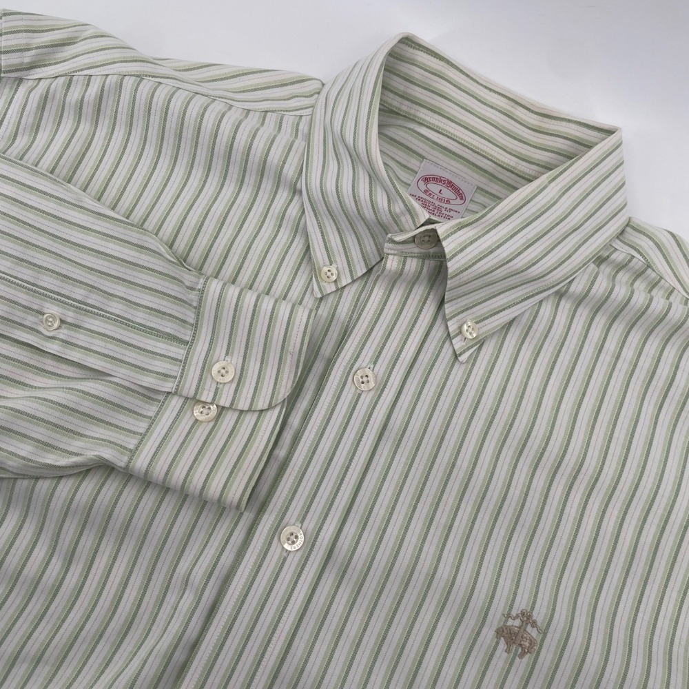 Brooks Brothers Button Down Shirt Mens L Green Striped Supima Non-Iron Polo